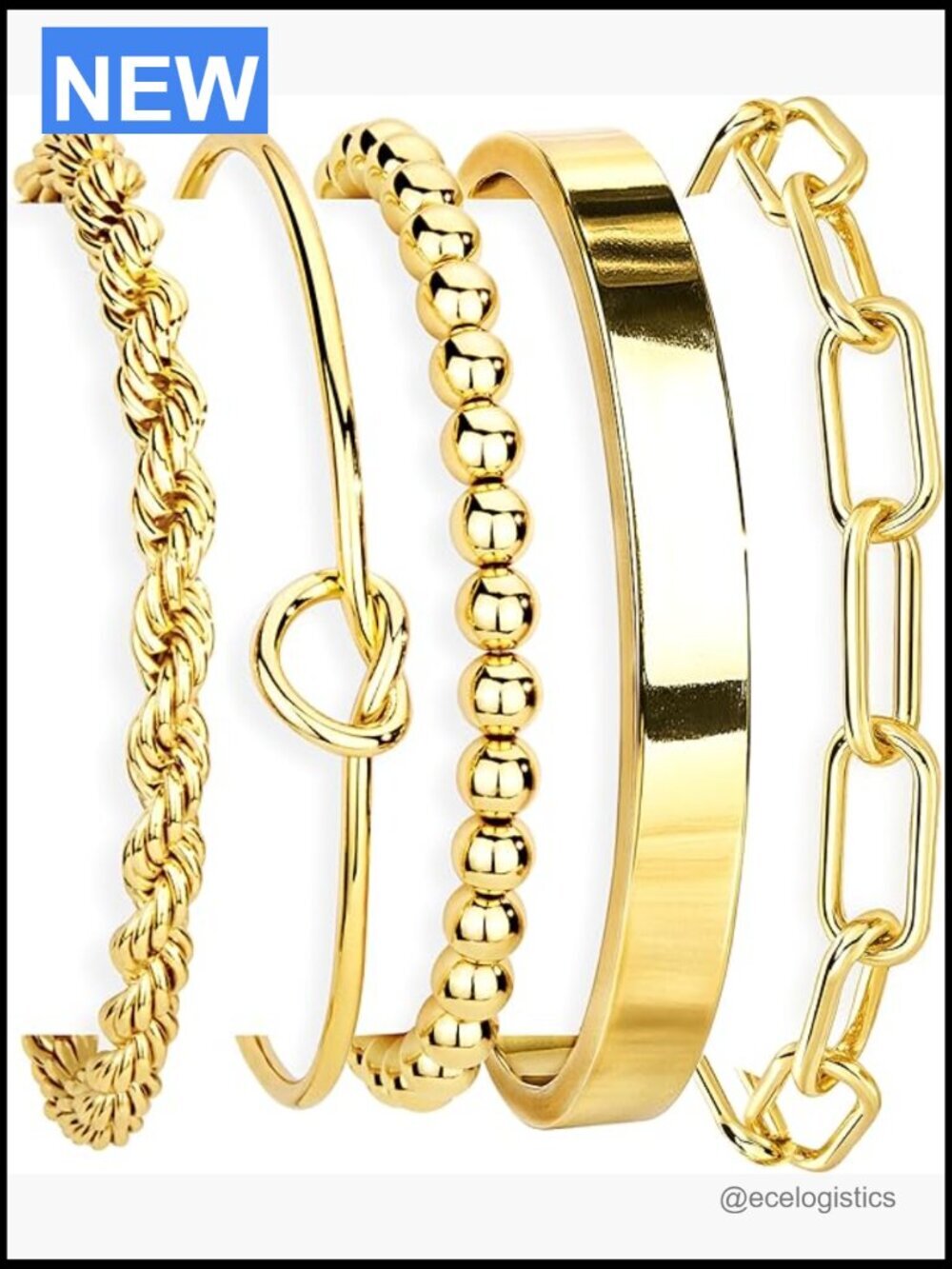 14K Gold Plated Stainless Steel Stackable Cuff & Chain Bracelet Set Women